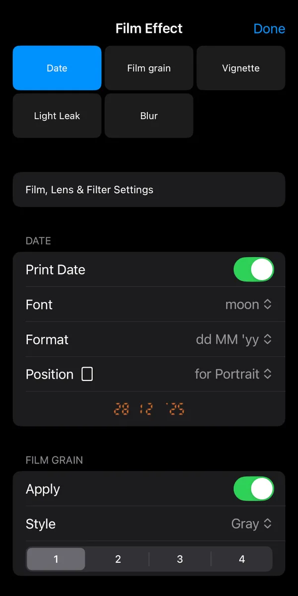Date settings, Font, Format, Position