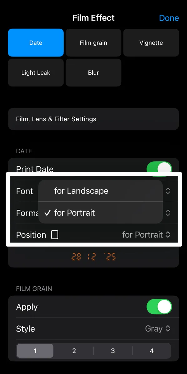 tap Position and select Portait or Landscape