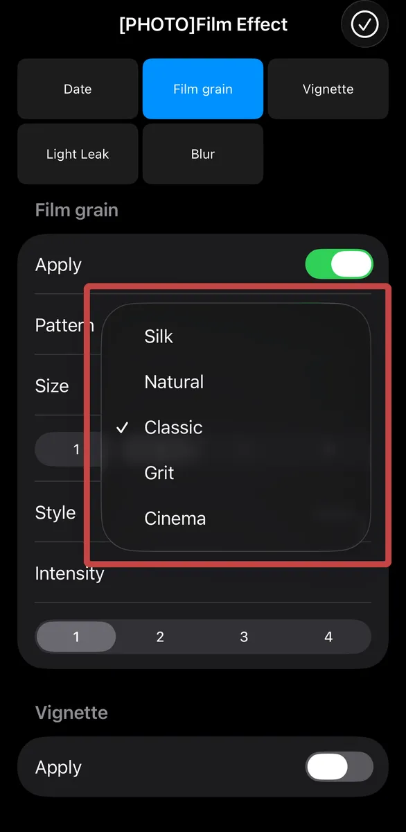 Pattern: 5つの異なる粒子形状（Silk, Natural, Classic, Grit, Cinema）から選択。