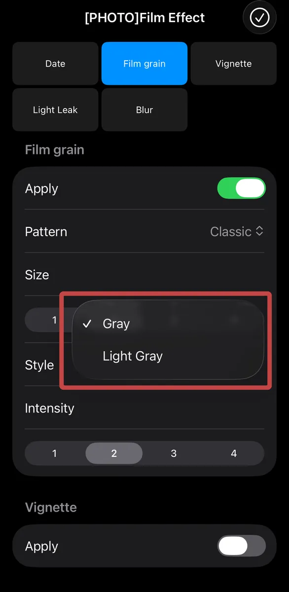 Style: 影に溶け込む Gray か、光を纏う Light Gray か、色の乗り方を選択。