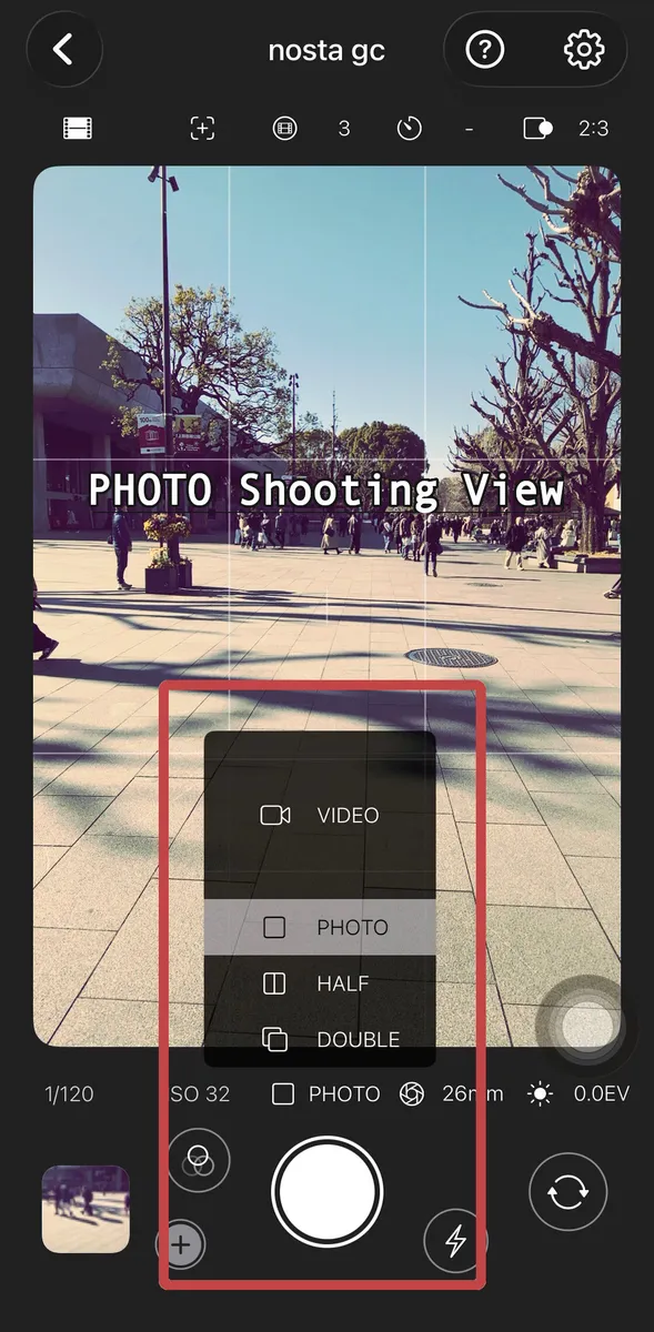 [PHOTO]メニューから[VIDEO]を選択で動画撮影へ