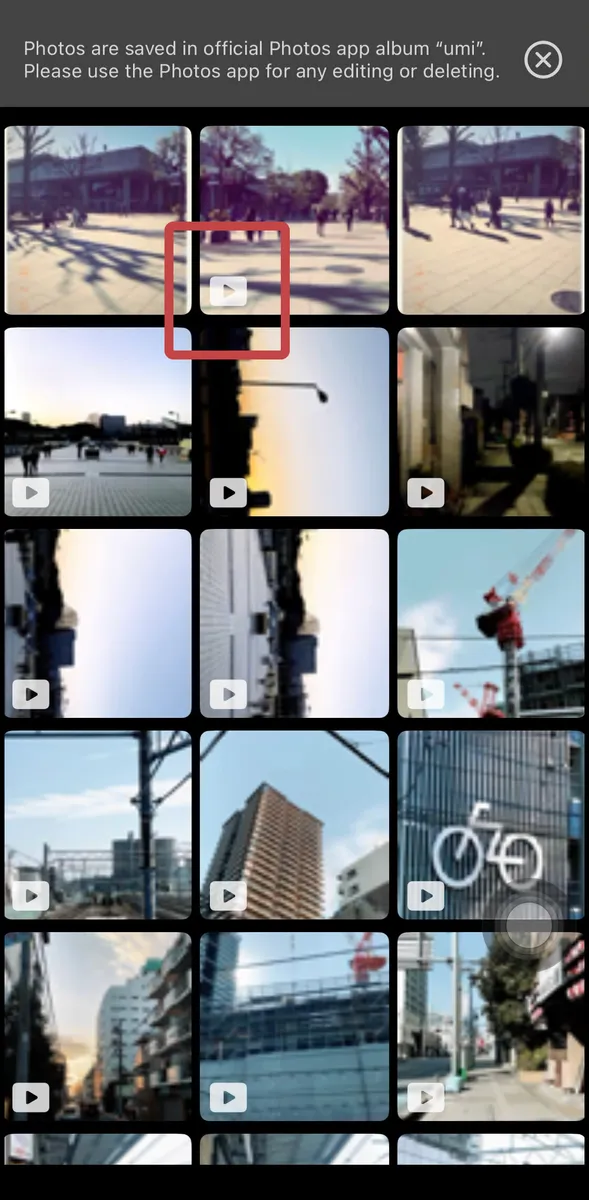 Check previews in the album; video files are marked with an icon.